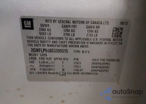 2012 Chevrolet Equinox 2Lt z USA, uszkodzony, nr VIN 2GNFLPE58C6395515